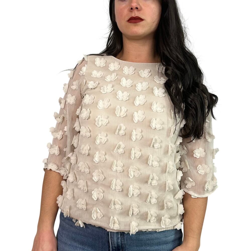 7th Avenue New York & Co 3D Floral Applique Chiffon Tan Blouse